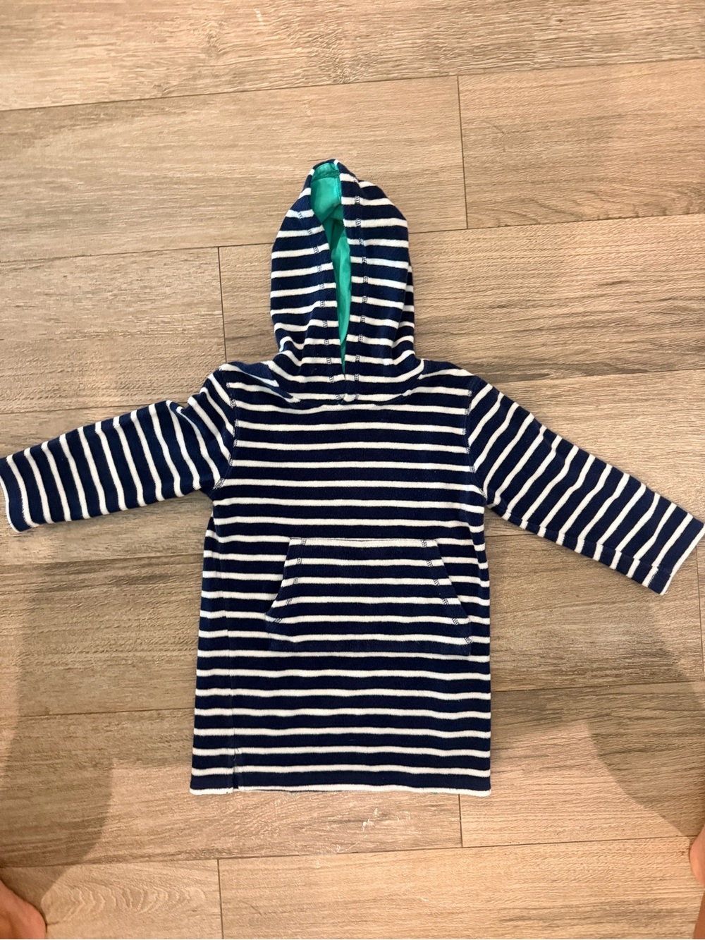 Mini Boden Navy & White Striped Hooded Kids Coverup with Green Lining